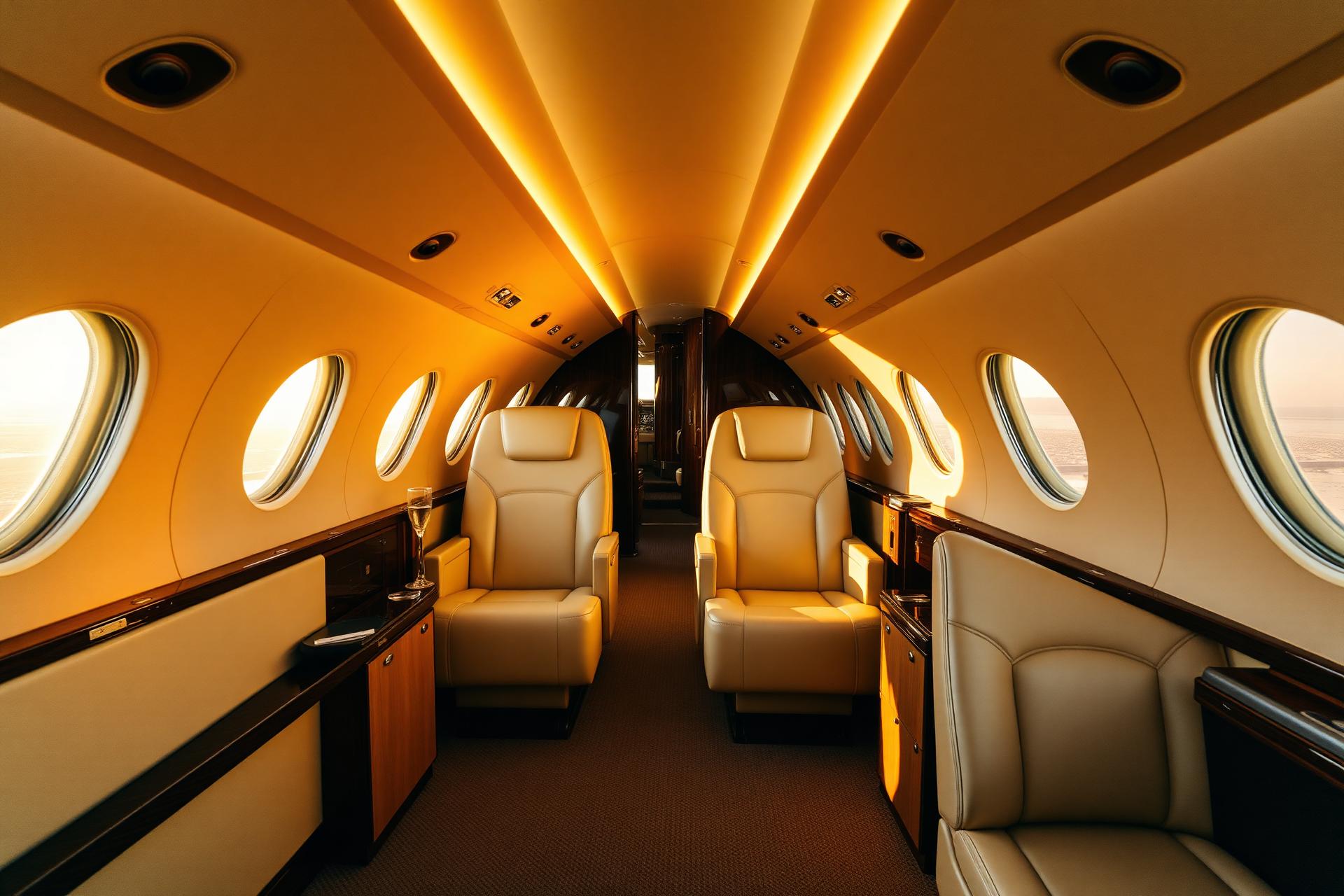 Golden light streaming through the oval windows of a first-class cabin